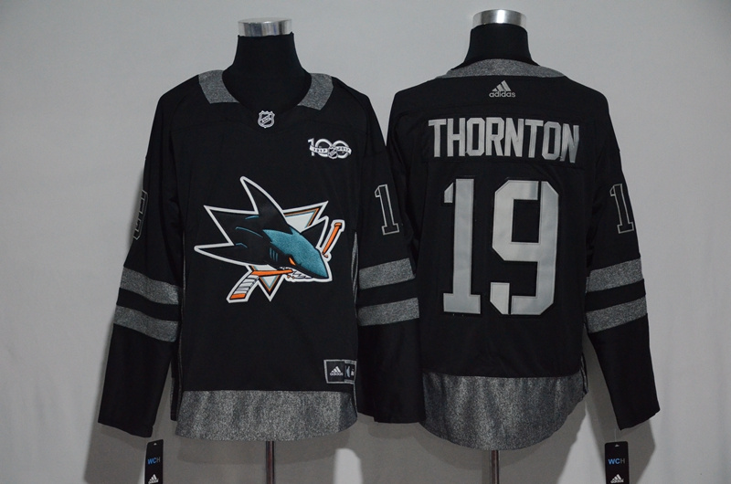 NHL San Jose Sharks #19 Thornton Black 1917-2017 100th Anniversary Stitched Jersey